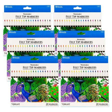 Bazic Products Felt Tip Washable Markers, 20 Colors, 120PK 1293
